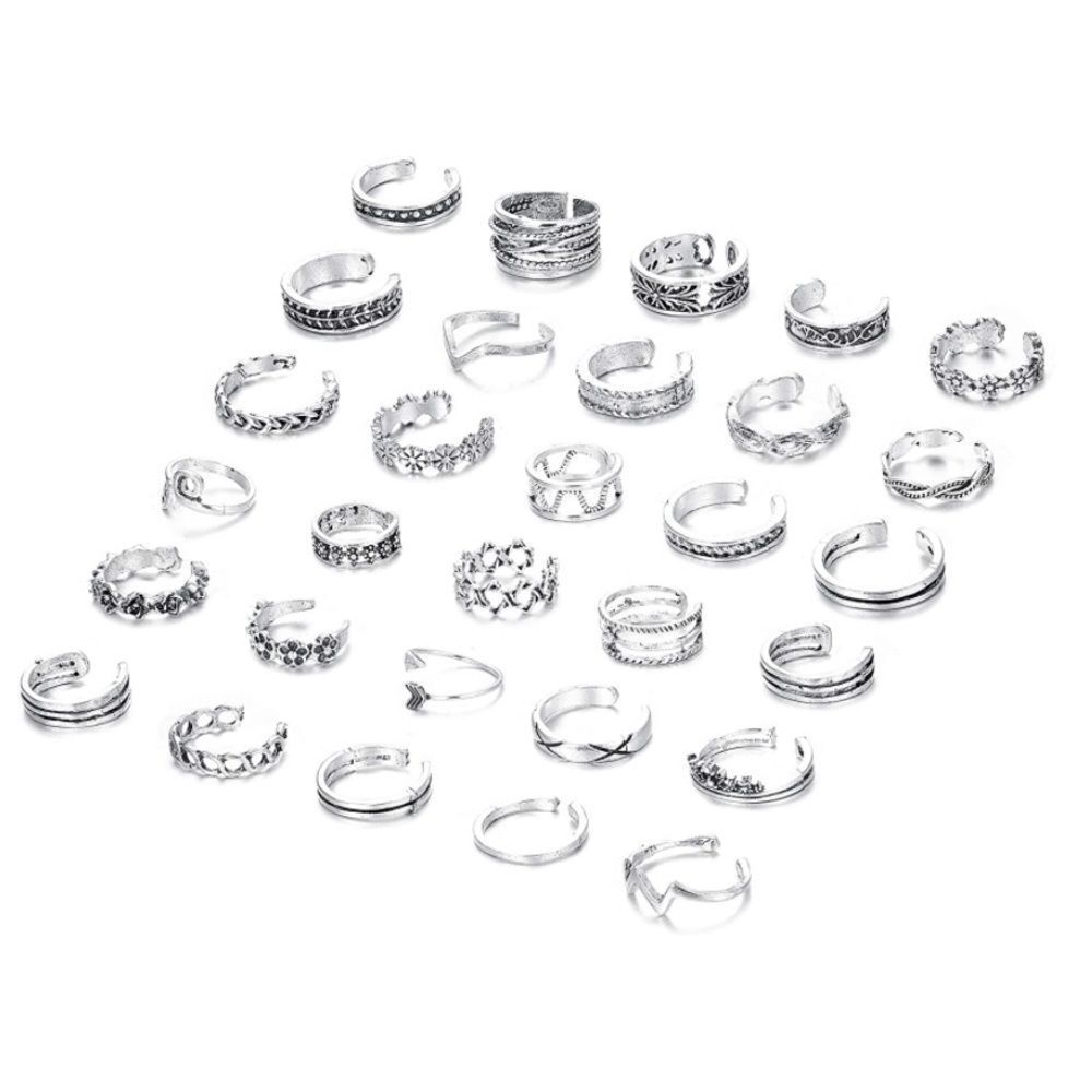 Silver Boho Adjustable Open Toe Rings - Set of 30 - Picture 2 of 10